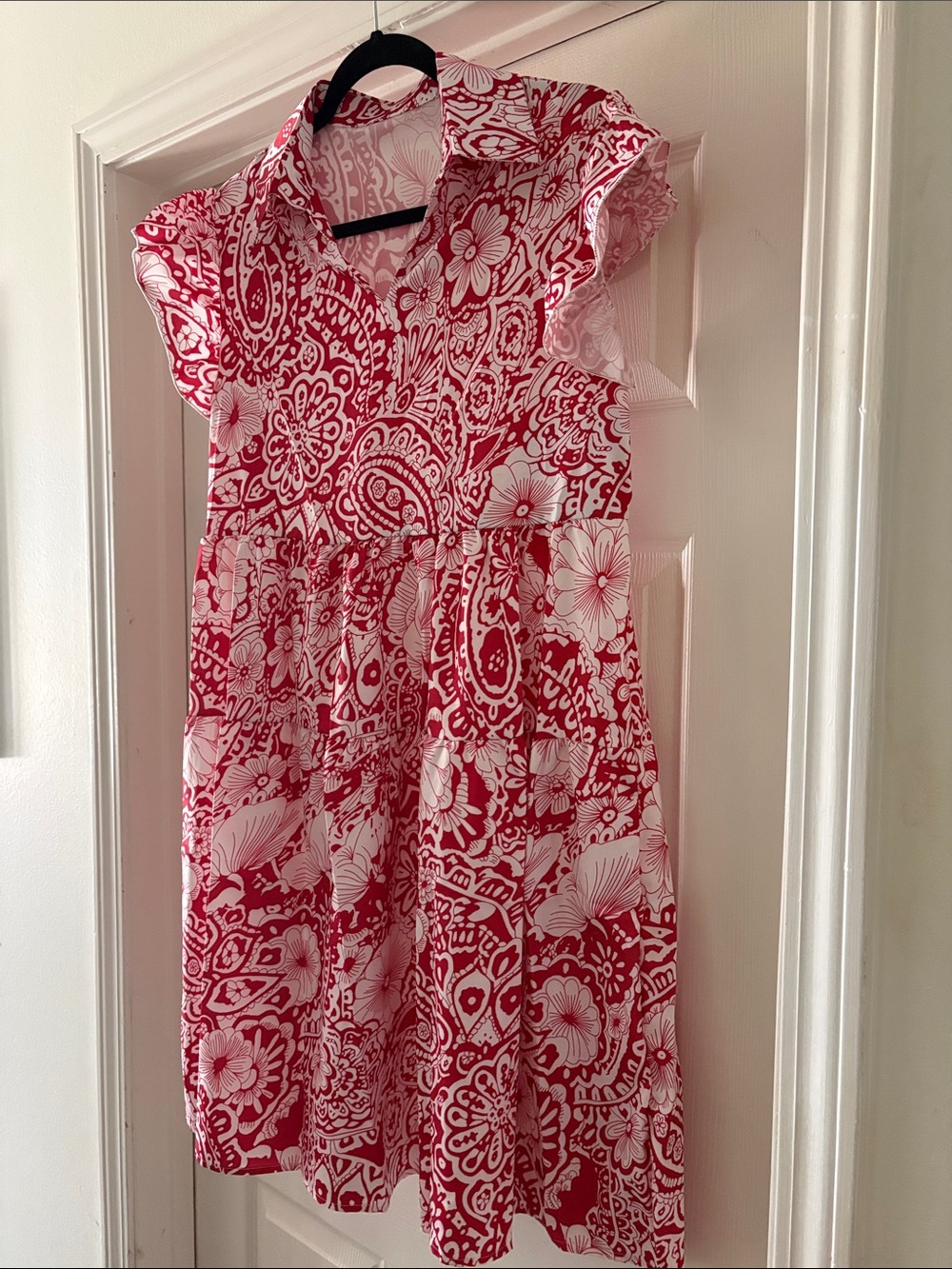 Source Unknown Red and White Floral Paisley Fit-and-Flare Dress